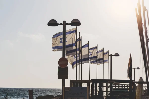 特拉维夫 以色列 2018年6月6日 从特拉维夫海滨长廊与许多以色列国旗的看法 — 图库照片