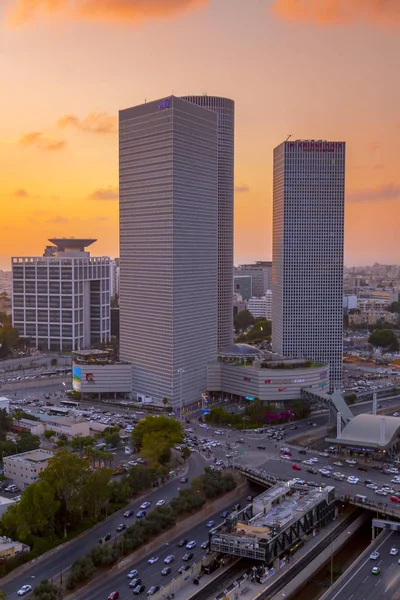 stock image Tel Aviv, Israel - June 12, 2018: Exterior view of the Azrieli Center, three business towers in different shapes located between Ayalon Highway, Hashalom and Kaplan Streets, Tel Aviv.