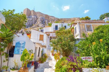 Athens, Greece - July 21, 2018: Architectural details from the narrow streets of Anafiotika, a traditional village in Athens, the Greek capital. Old neighborhood on the slopes of Acropolis, Greece. clipart