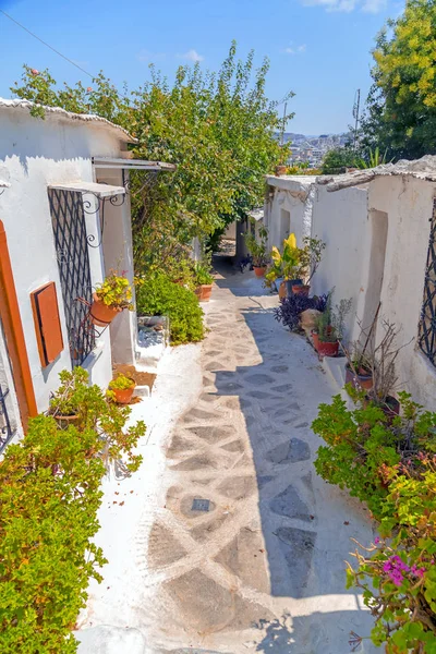 Szűk Utcák Anafiotika Egy Hagyományos Village Athénban Görög Főváros Építészeti — Stock Fotó
