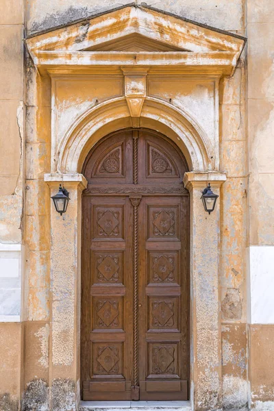 Ancienne Porte Voûtée Bois Ancien Bâtiment Grec — Photo