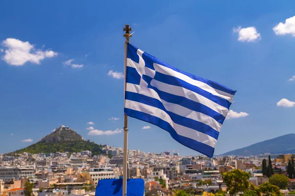 Drapeau Grec Agitant Sur Ville Athènes Capitale Grecque — Photo