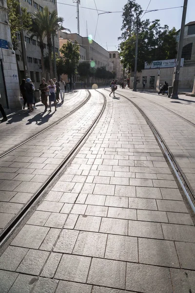 Jerusalem Israël Juni 2018 Uitzicht Vanaf Jaffa Street Met Tramlijn — Stockfoto