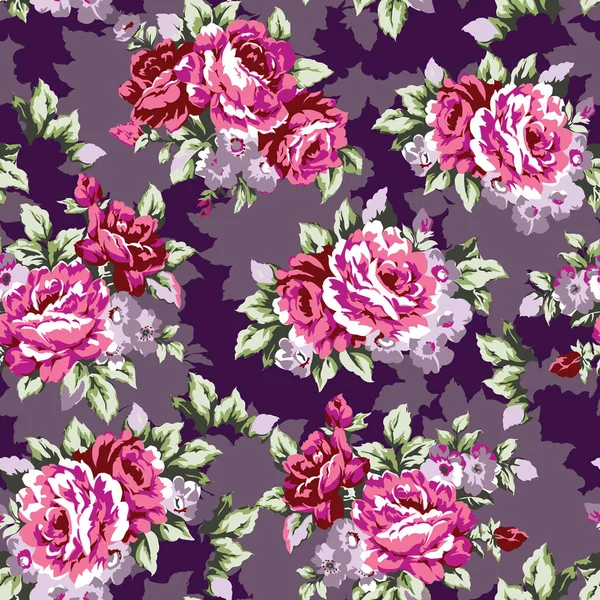 破旧别致或奶奶别致的复古棉布玫瑰无缝图案设计 经典星历表花重复背景 — 图库矢量图片