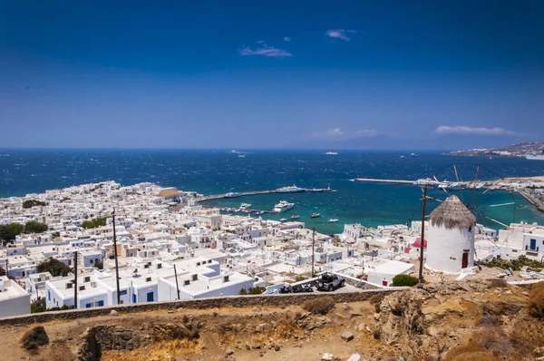 Architettura Imbiancata Bellissime Acque Dell Egeo Nell Isola Mykonos Grecia — Foto Stock