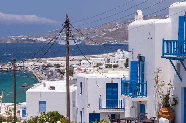 Mykonos Griechenland Juli 2012 Weißgetünchte Architektur Und Wunderschöne Ägäische Gewässer — Stockfoto