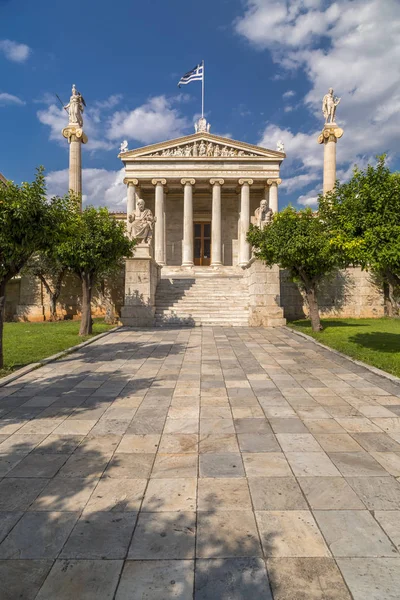 Vista Exterior Academia Atenas Atenas Capital Grega Estátua Sócrates Platão — Fotografia de Stock