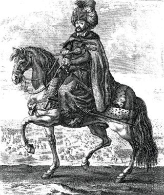 Ottoman Sultan riding a horse, vintage engraving vector illustration clipart