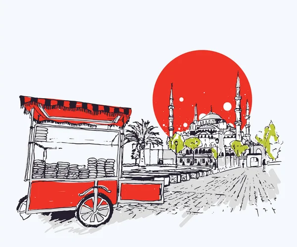 土耳其伊斯坦布尔蓝色清真寺和 Simit 供应商车的数字矢量插图 艺术粗略风格的城市景观场景 — 图库矢量图片