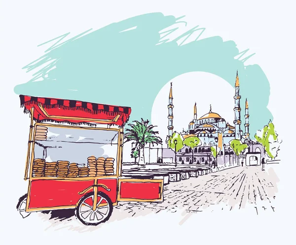 Digitala Vektorillustration Den Blåttmoskén Och Simit Leverantör Vagnen Istanbul Turkiet — Stock vektor