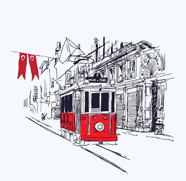 Digitala Vektorillustration Nostalgiska Röda Spårvagnen Istiklal Avenue Istanbul Turkiet Konstnärliga — Stock vektor