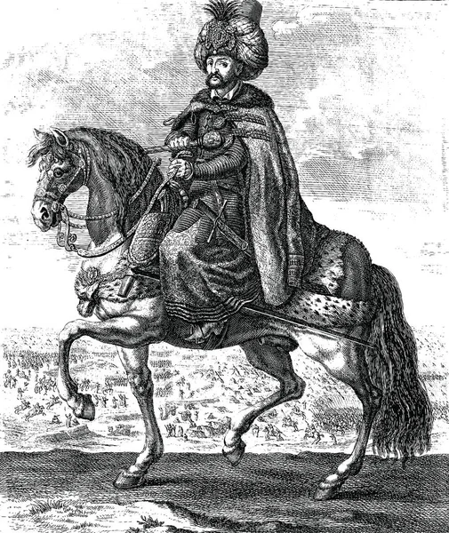 Ottomaanse Sultan Rijden Een Paard Vintage Gravure Vectorillustratie — Stockvector