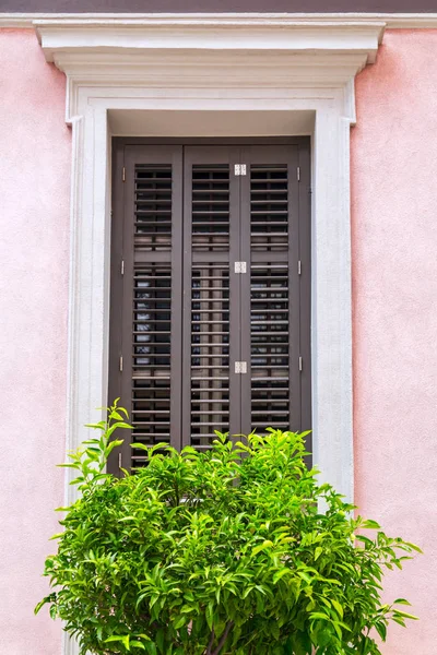 Windows with green wooden shutters, architectural detail