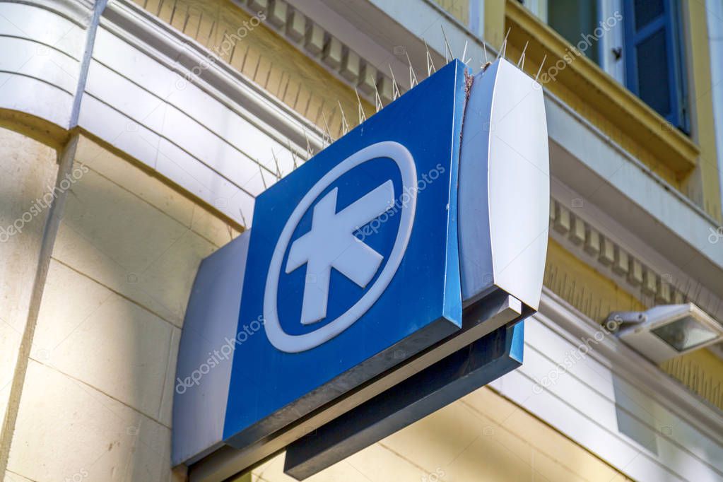 Athens, Greece - July 20, 2018: Signpost of Greek Alpha Bank in Athens, Greece.