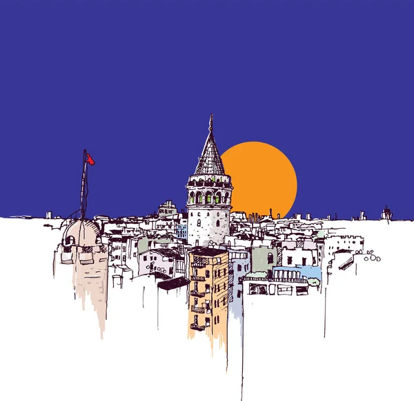 Menggambar sketsa ilustrasi Menara Galata, Istanbul - Stok Vektor