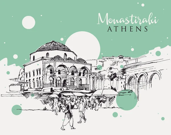 Dibujo ilustración de la plaza Monastiraki en Atenas — Archivo Imágenes Vectoriales