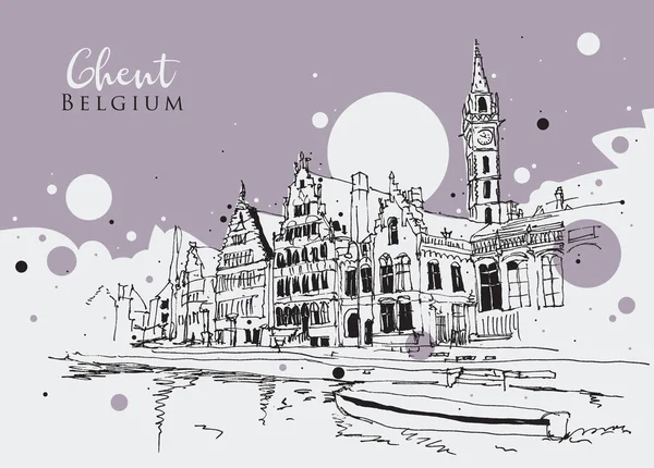 Desenho Ilustração Esboço Ghent Edifícios Torno Rio Leie Noroeste Bélgica — Vetor de Stock