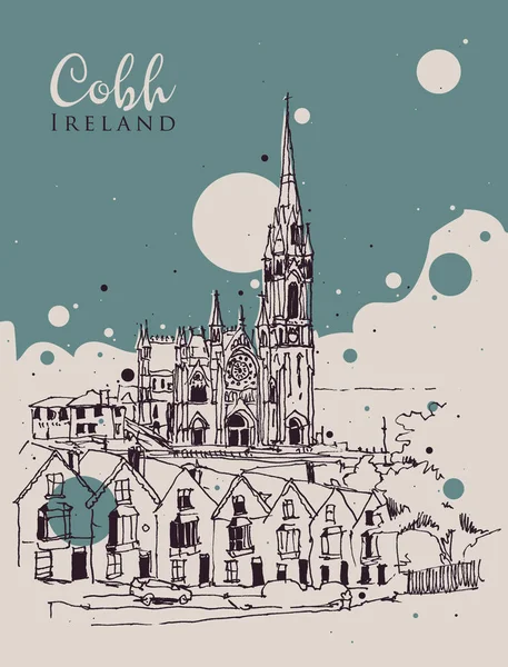 Desenho Esboço Ilustração Uma Rua Cobh Colman Cathedral Irlanda — Vetor de Stock