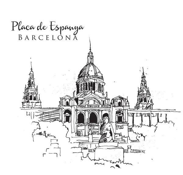 Rysunek Ilustracji Narodowego Muzeum Sztuki Placa Espanya Barcelona — Wektor stockowy