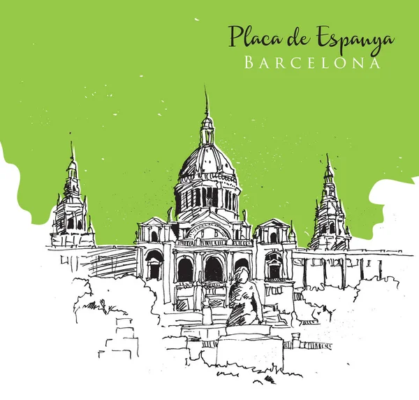 Tekening Ter Illustratie Van Het Nationaal Kunstmuseum Placa Espanya Barcelona — Stockvector