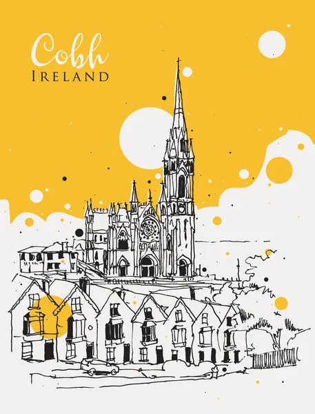 Desenho Esboço Ilustração Uma Rua Cobh Colman Cathedral Irlanda — Vetor de Stock