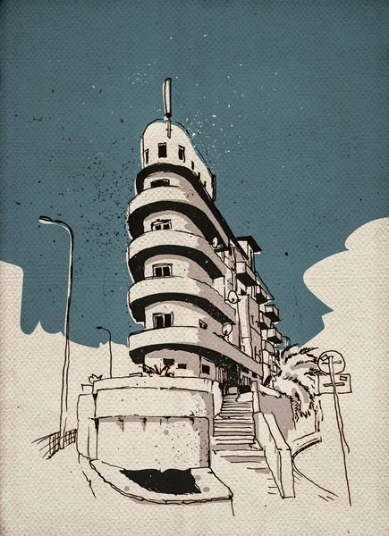 Rysunek Szkic Ilustracja Rogu Ulicach Tel Awiwu Architektura Bauhaus Okrągłych — Zdjęcie stockowe