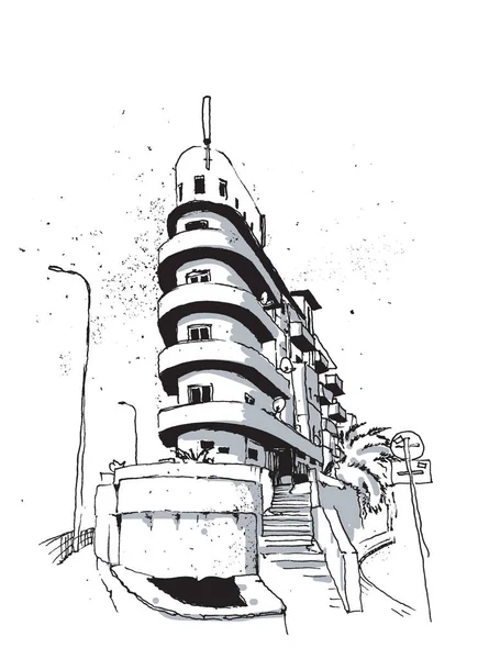特拉维夫街道一角的素描图解 包豪斯风格的圆形曲线建筑 城市的标志性建筑风格 — 图库矢量图片