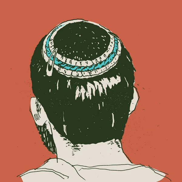 Handritad Skiss Konst Ung Man Bär Kippah Eller Yarmulke — Stock vektor