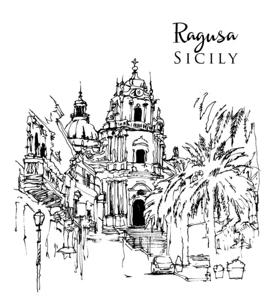 Teckning Skiss Illustration Duomo San Giorgio Ragusa Ibla Sicilien Italien — Stock vektor