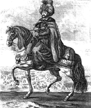 Vintage engraving style vector illustration of Ottoman sultan on horse clipart