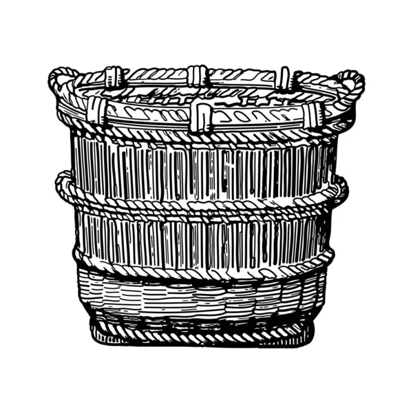 Vintage Gravura Estilo Vetor Ilustração Uma Cesta Tecida — Vetor de Stock