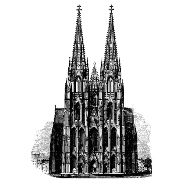 Vintage Engraving Style Vector Illustration Gothic Cathedral Facade — Stock Vector
