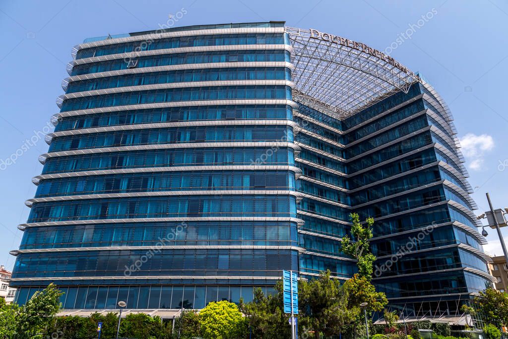 Istanbul, Turkey - June 25, 2020: Exterior view of Hilton Double Tree Hotel on Kadikoy coast, the Asian side of the Bosphorus, Istanbul.