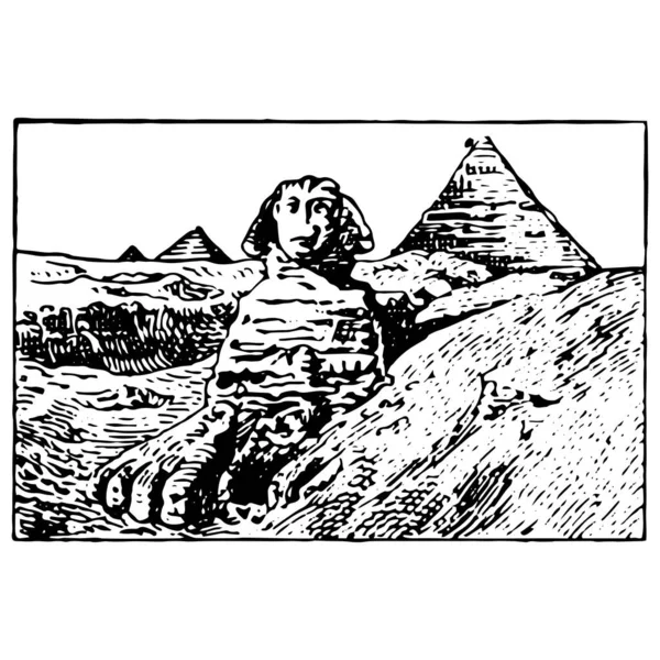 Vintage Gravura Estilo Vetor Ilustração Esfinge Grandes Pirâmides Gizé — Vetor de Stock