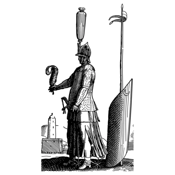 Ročník Rytí Styl Vektor Ilustrace Středověkého Vojáka Pravidelném Vojenském Kostýmu — Stockový vektor