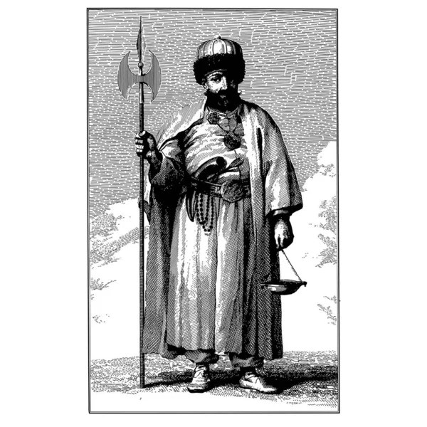 奥斯曼帝国时期伊斯兰教派领袖贝塔希修行的古版画风格矢量图解 — 图库矢量图片