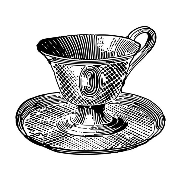 Vintage Χαρακτική Στυλ Διανυσματική Απεικόνιση Ενός Περίτεχνου Φλιτζάνι Τσάι Πιάτο — Διανυσματικό Αρχείο