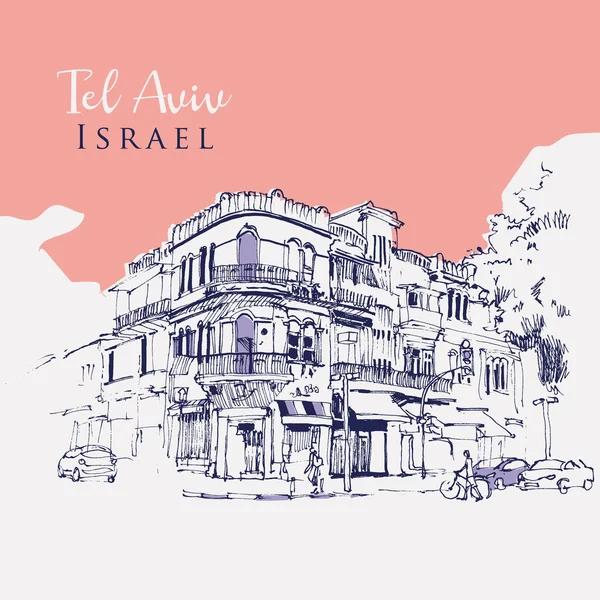 Menggambar Sketsa Ilustrasi Dari Sudut Jalan Tel Aviv Israel - Stok Vektor