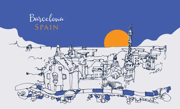 Menggambar Sketsa Ilustrasi Park Guell Barcelona Spanyol - Stok Vektor