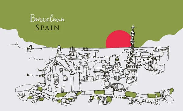 Rajz Vázlat Illusztráció Park Güell Barcelonában Spanyolország — Stock Vector