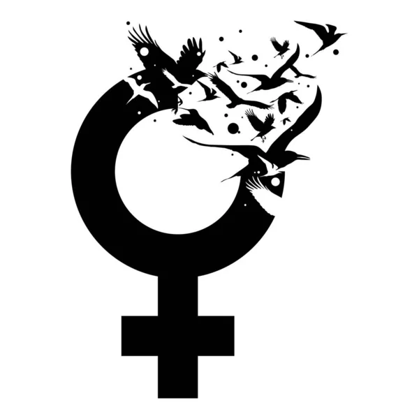女性の自由 女性の権利を象徴する飛行鳥と創造的な金星の女性のサイン — ストックベクタ