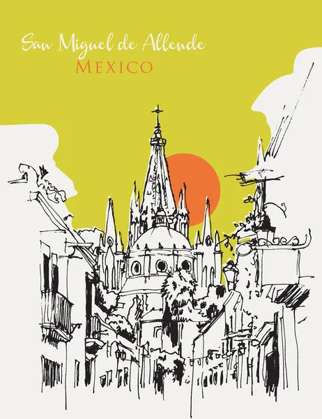 Kresba Ilustrace Parroquia Archanděl Kostel Aldama Street San Miguel Allende — Stockový vektor
