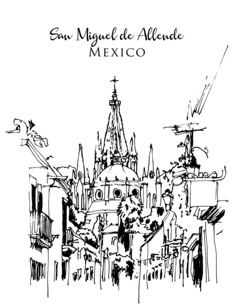 Rajz Vázlat Illusztráció Parroquia Arkangyal Templom Aldama Street San Miguel — Stock Vector