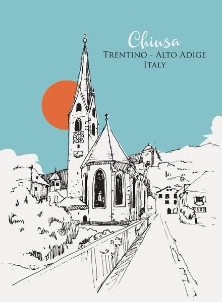 Teckning Skiss Illustration Chiusa Trentino Alto Adige Bolzano Provinsen Italien — Stock vektor