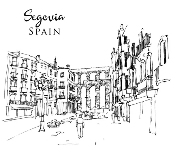 Dibujo Vectorial Ilustración Del Antiguo Acueducto Romano Segovia España — Archivo Imágenes Vectoriales