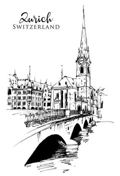 Dibujo Vectorial Ilustración Del Puente Muenster Iglesia Fraumuenster Paseo Marítimo — Vector de stock