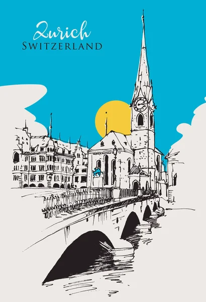 ミュンスター橋 フラウメンスター教会 旧市街の遊歩道 チューリッヒ スイスのベクトル図面のイラスト — ストックベクタ