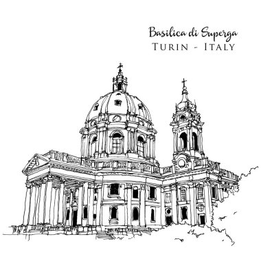 Drawing sketch illustration of the Basilica of Superga, a church in the vicinity of Turin, Italy clipart