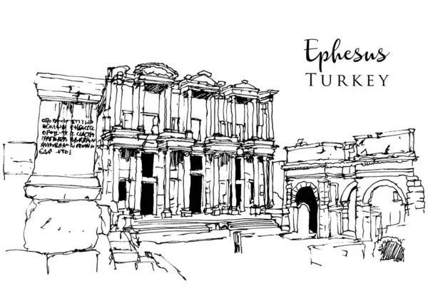 エペソ古代遺跡のケレス図書館のベクトル手描きスケッチ図トルコ — ストックベクタ