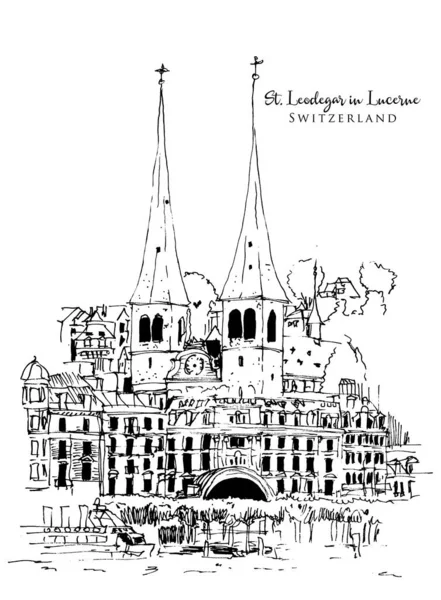 Illustration Vectorielle Dessinée Main Église Saint Léodegar Lucern Suisse — Image vectorielle